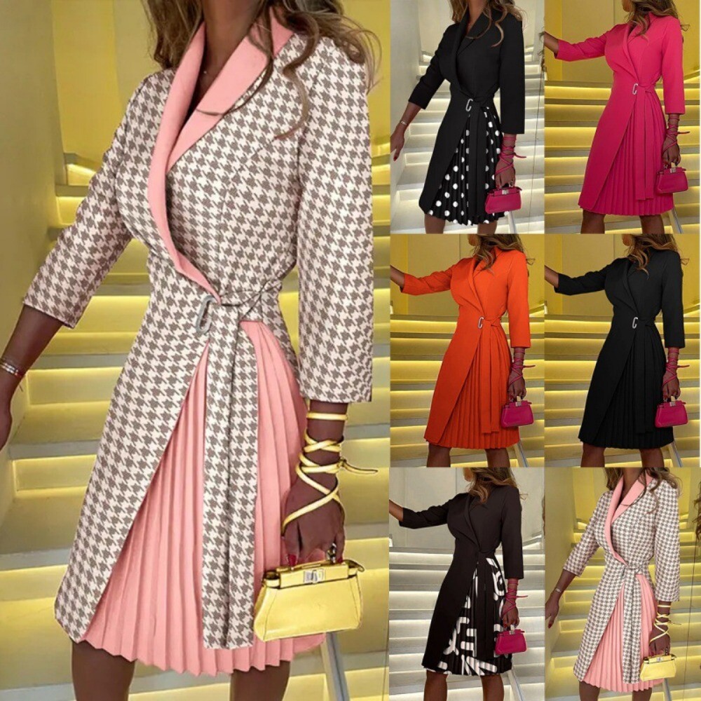 V-neck pleated mid-sleeve dress with fashion strap waist for women