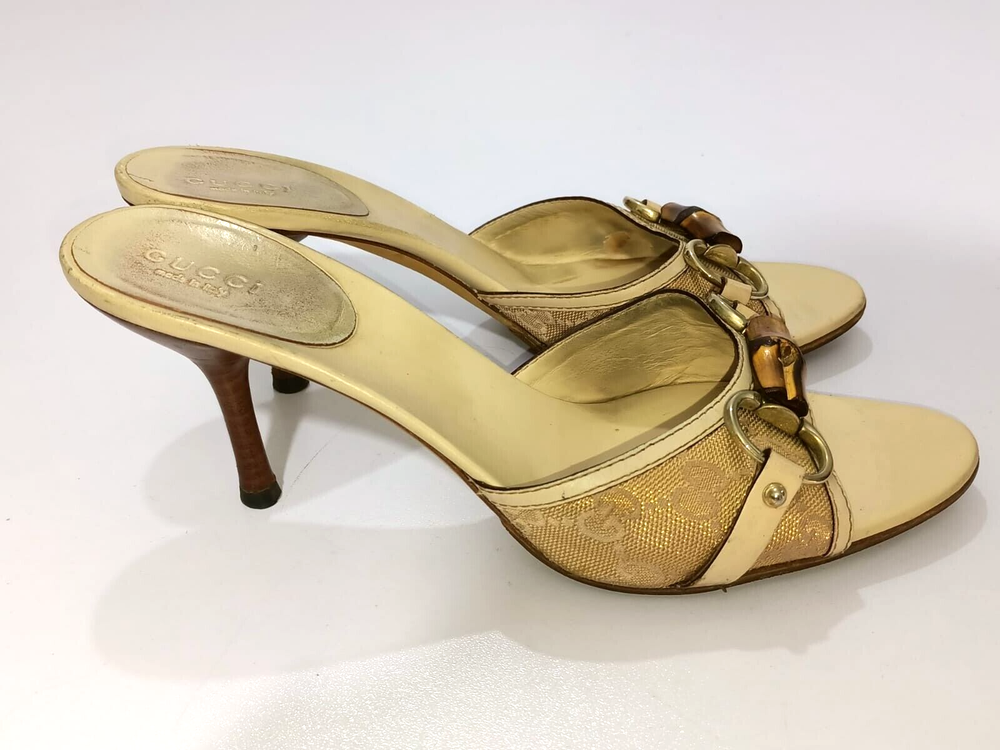 GUCCI BAMBOO HORSEBIT GG CANVAS SLIDES MULES SIZE EU38 US7.5