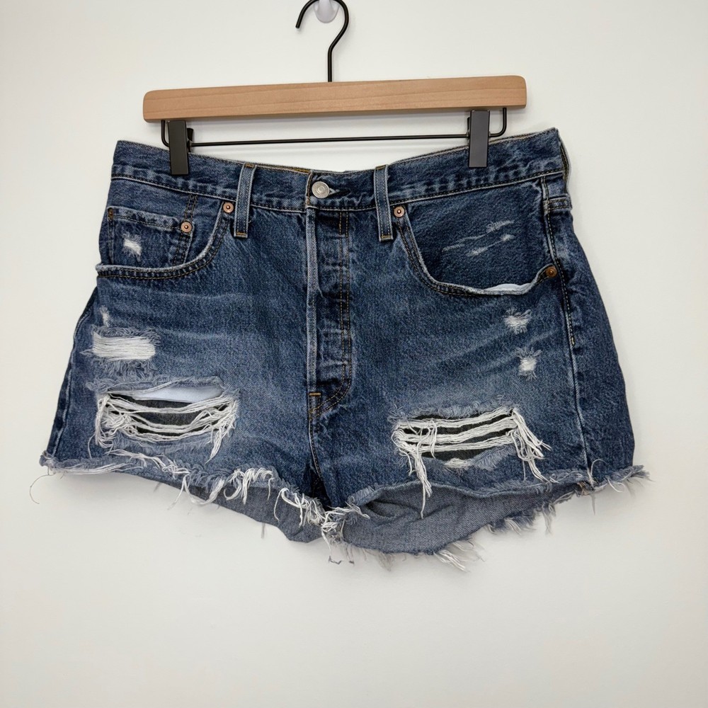 Levi's 501 Womens Denim Jean Shorts Distressed CuttOff Blue Button Fly W 31