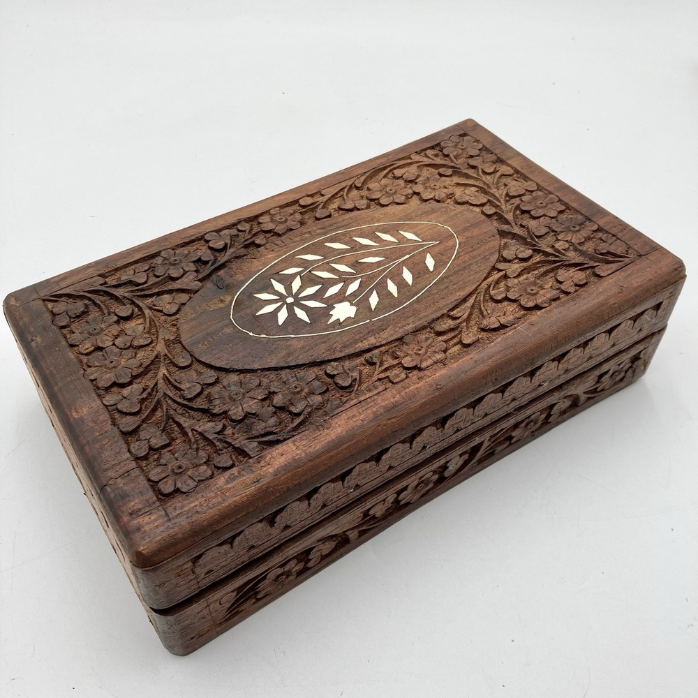 Vintage Floral Inlay Wood Tarot Box Jewelry Chest