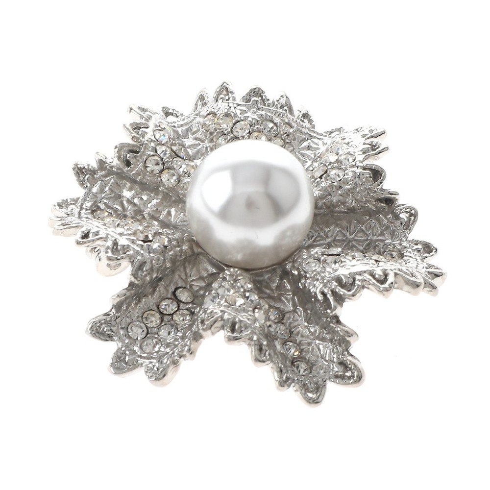 Silver Tone Alloy Metal Flower Brooch With Rhinestone & Pearl  P1540-SWP