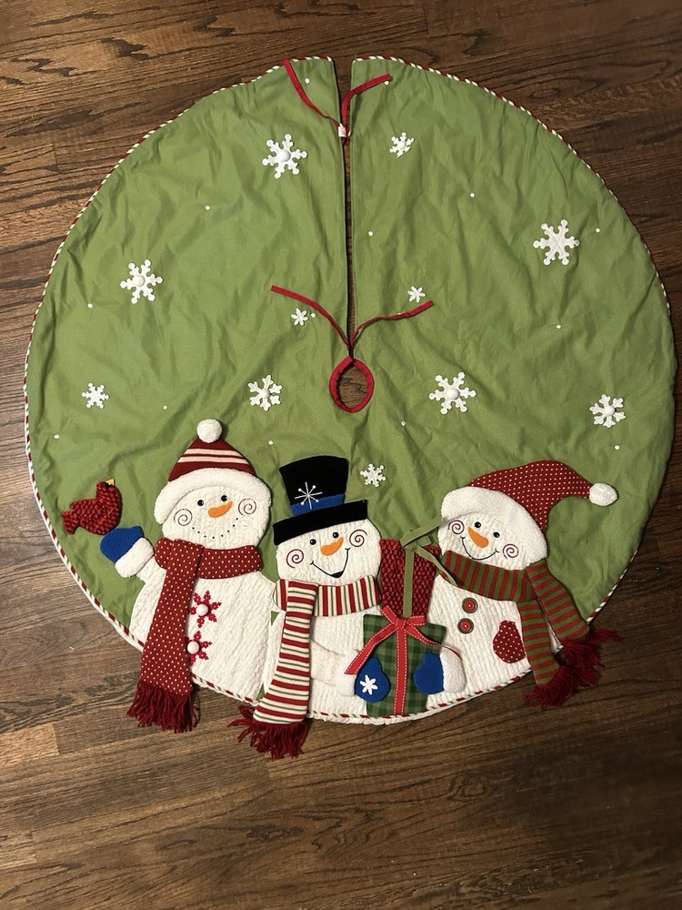 48-Inch Snowman Trio Knit Christmas Tree Skirt in Grinch Green Red White with Scarves & Hats  
