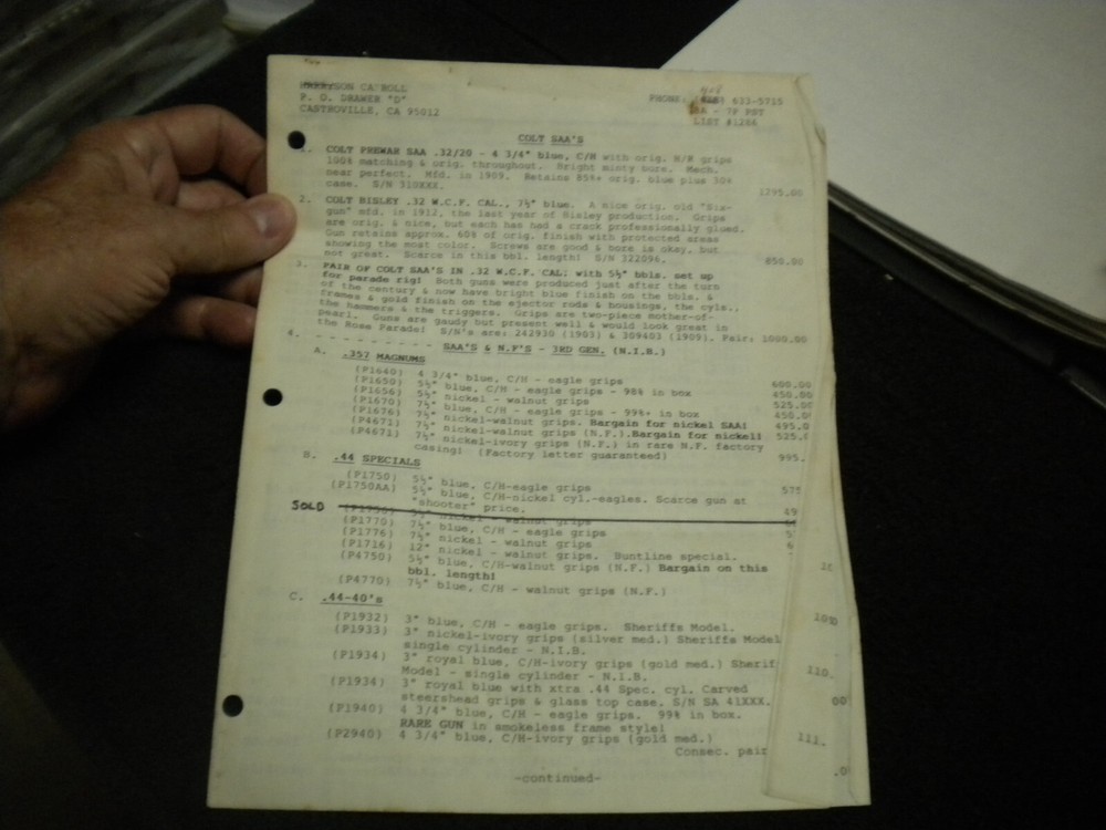 Harrison Carroll List 1286 ,Dec , 1986  Colt SAAs,S&W,Semi  Pistols Price List