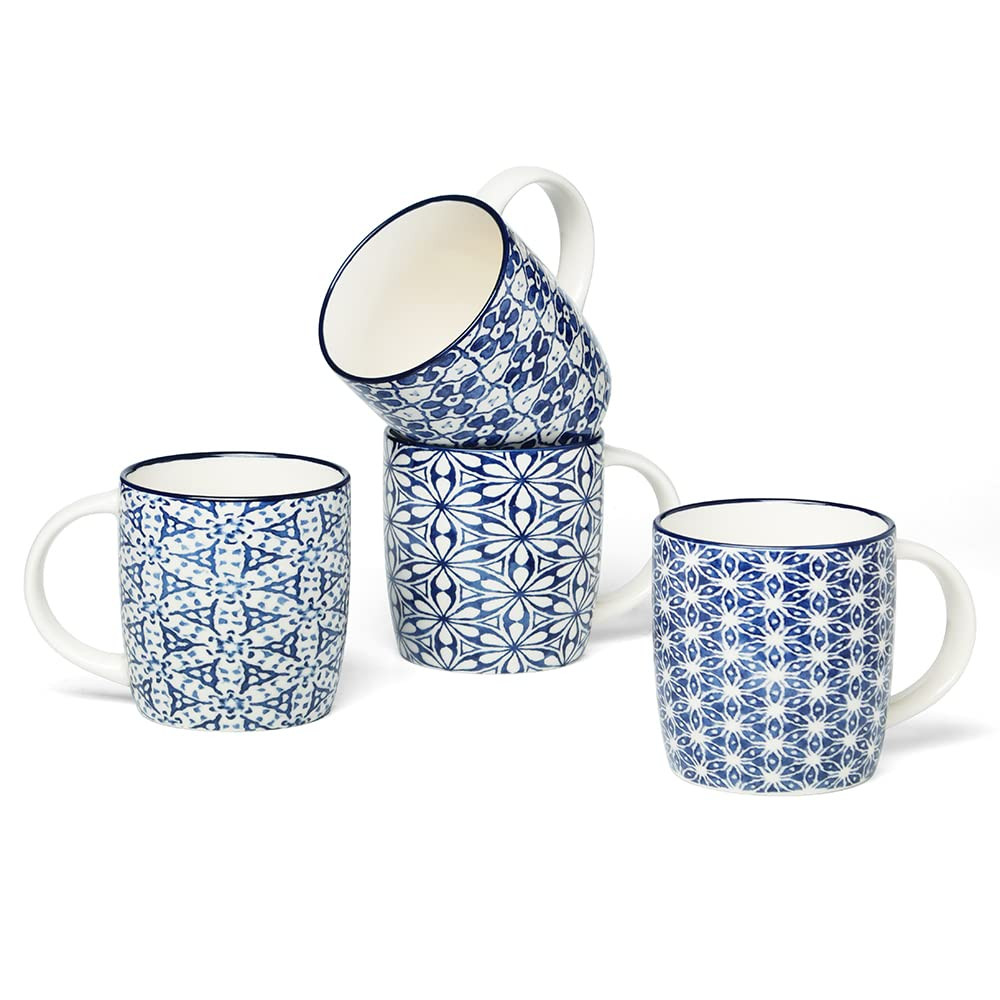 Set of 4 12 oz Coffee Mugs with Blue and White Geometric Patterns, Ceramic Te...