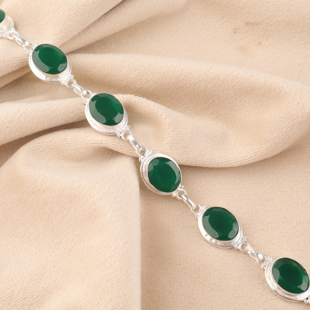 Birthday Gift For Her Natural Green Onyx Gemstone Chain Bracelet 925 Silver