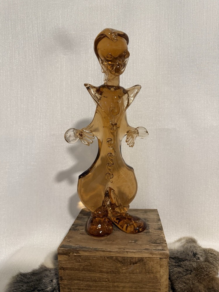 Creepy Handmade Amber Glass Leaning Clown Figurine Oddity