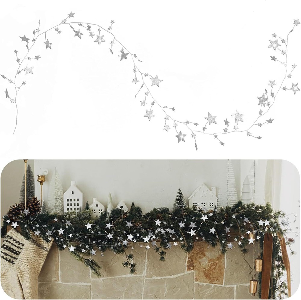 Jutom Glitter Star Garland Banner Christmas Party Decoration Sparkling Silver