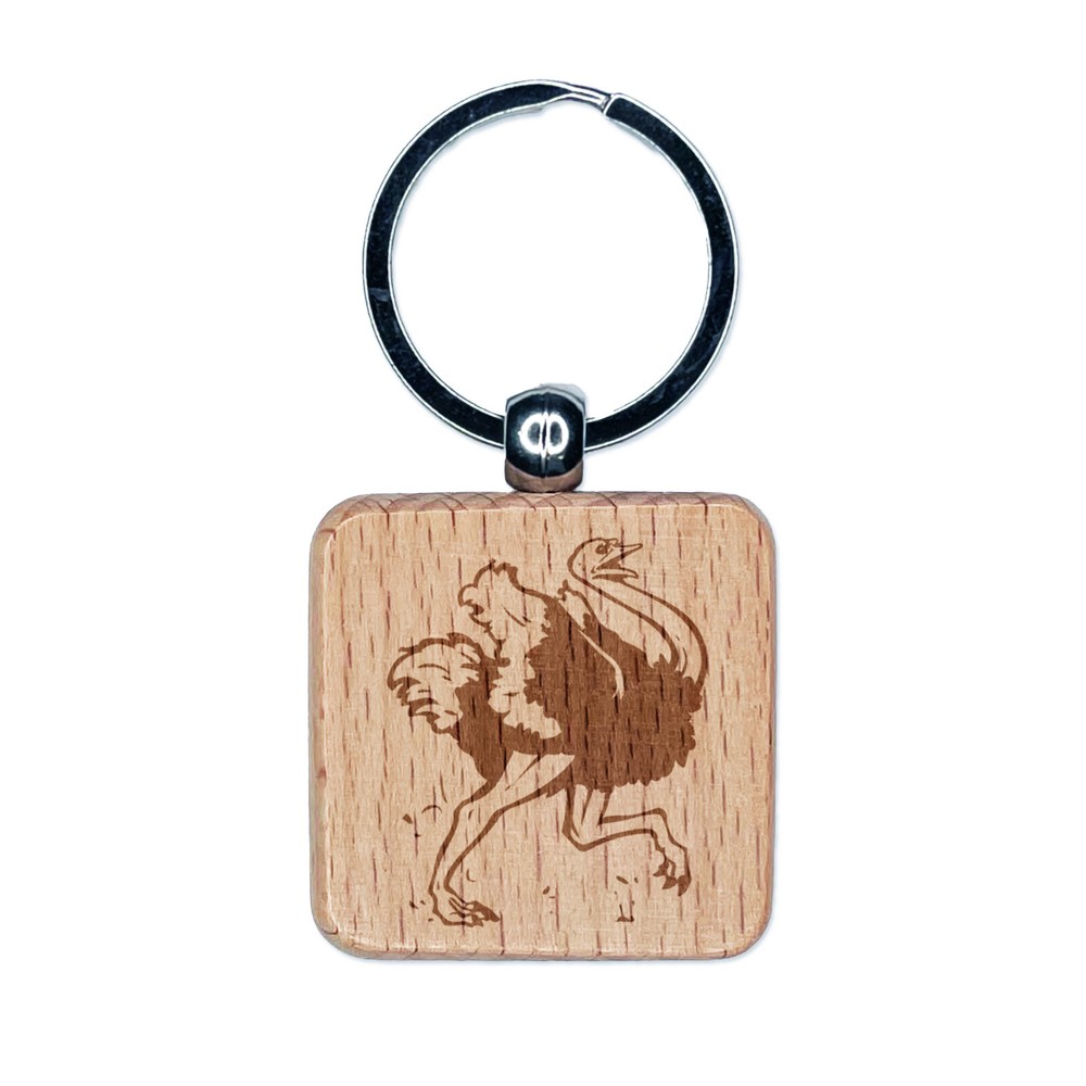 Running Ostrich Engraved Wooden Keychain Charm with Square Tag  