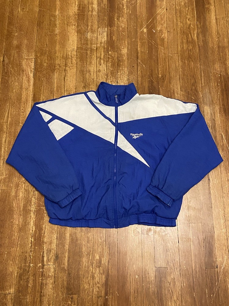 Vintage Reebok Jacket Mens Medium Windbreaker Track Zip Blue Logo Nylon 90s