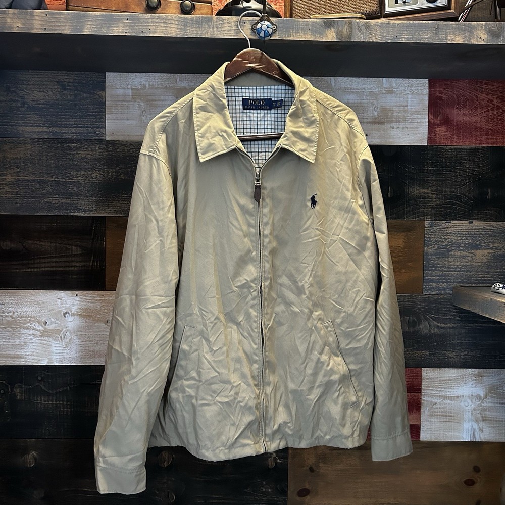 Vintage Polo Ralph Lauren Harrington Jacket Men XL Tan Full Zip Pony Plaid Lined