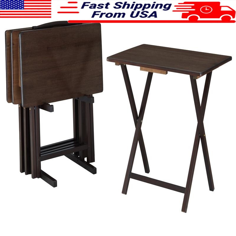 Portable Rubberwood Folding Table Tray Desk with Storage Rack 4-Piece Set 10LB Capacity