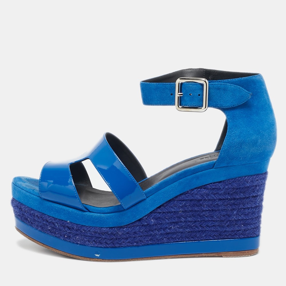 Hermes Blue Suede Patent Leather Ilana Wedge Espadrilles Size 38