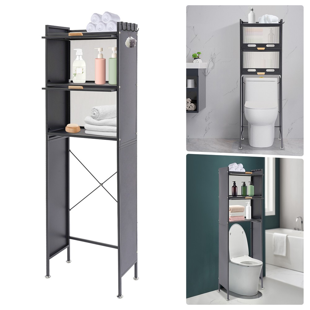 Over Toilet Storage Shelf Cabinet with 4 Hooks – Freestanding Bathroom Organizer