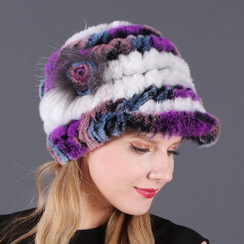 Handmade Women's Real Rex Rabbit Fur Winter Keep Warm Knit Hat