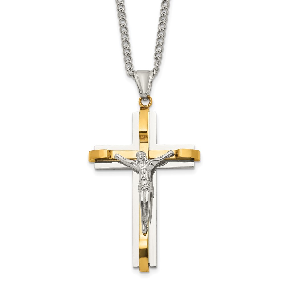 Stainless Steel Yellow IP Crucifix Pendant with 24 Inch Curb Chain Necklace