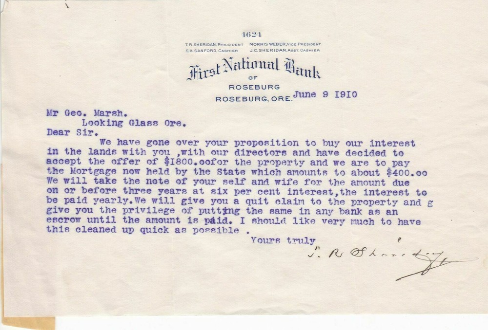 U.S. First National Bank Roseburg Oregon 1910 Land & House Buying Letter Rf41784