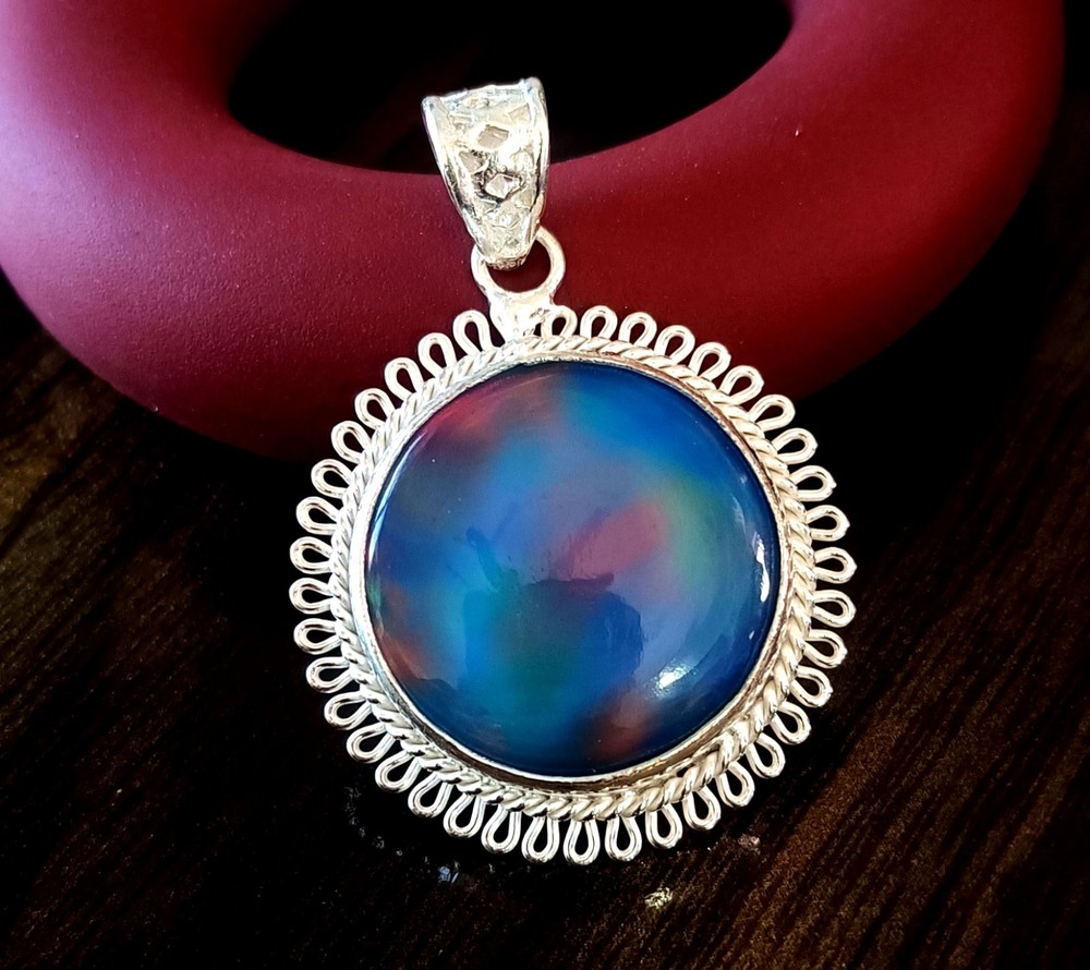 925 Sterling silver Pendant 57 Ct Aurora Natural Opal Multi Fire Round Gemstone