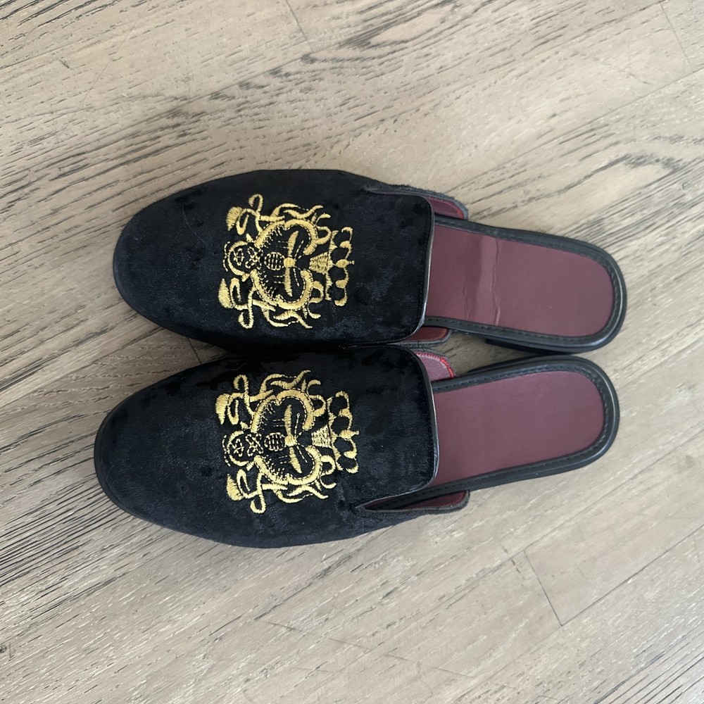 Velvet Smoking Loafers Slip On Mules Gold Embroidered Crest Mens 8 Black Shoes