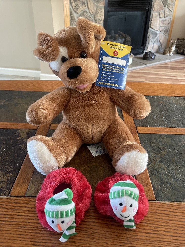 Vintage,Build -A-BEAR plush brown sugar  dog, stuffed toy W/ Christmas Booties
