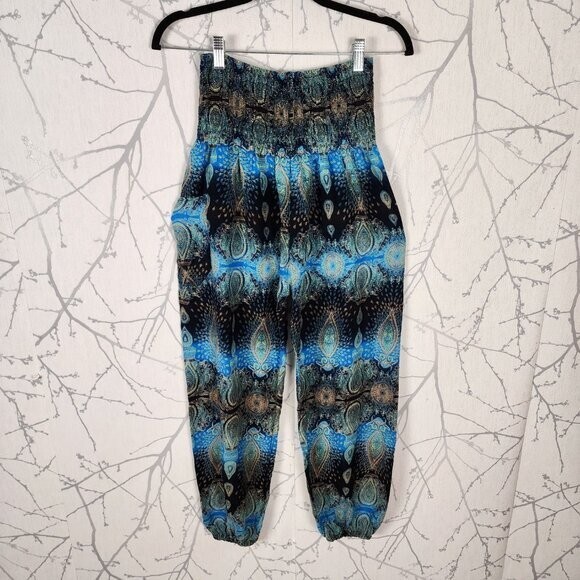 Artsy Paisley Print Pull On High Waist Smocked Harem Pants OS Womens