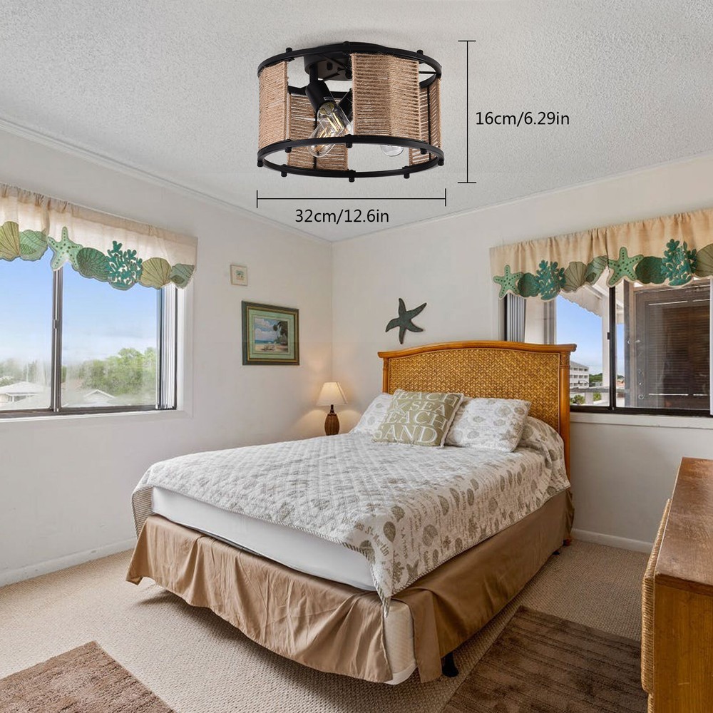 3-Light Retro Rattan Wicker Farmhouse Chandelier Flush Mount Bedroom Lamp us