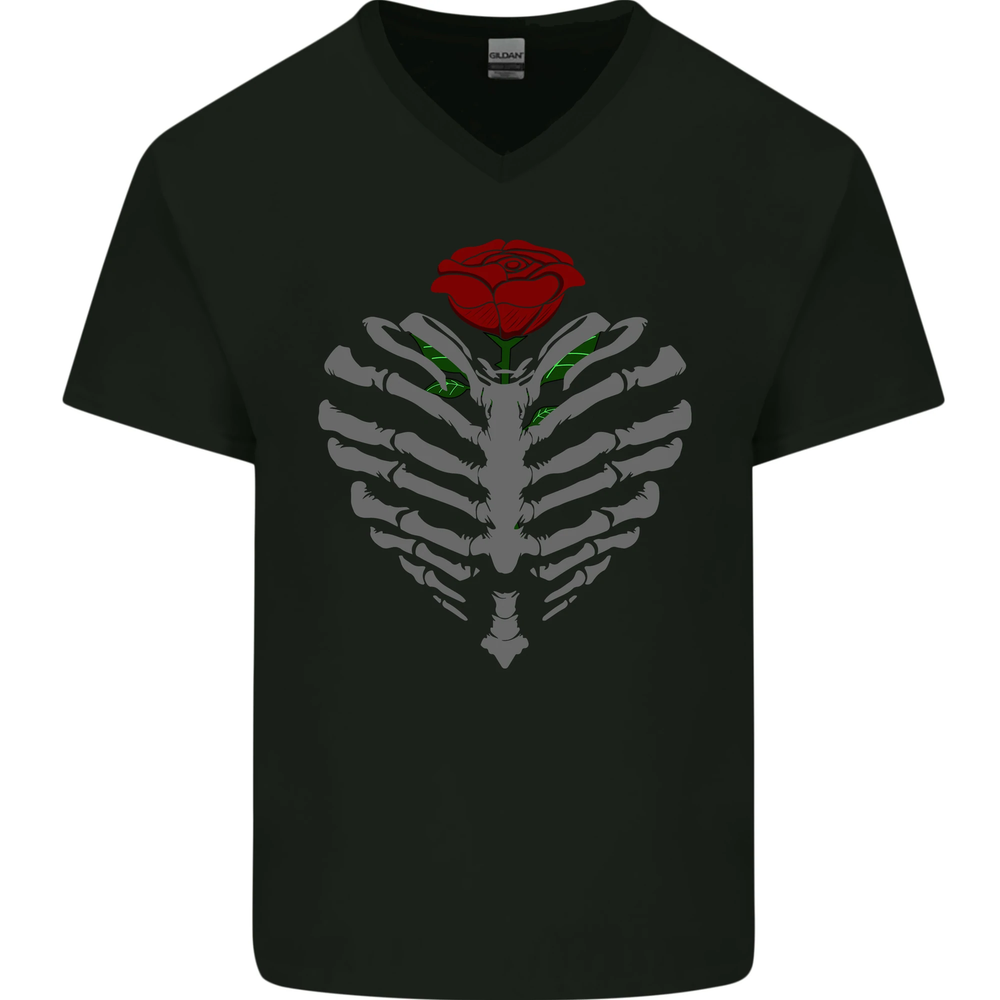 Rib Cage & Rose Gothic Heavy Metal Biker Mens V-Neck Cotton T-Shirt