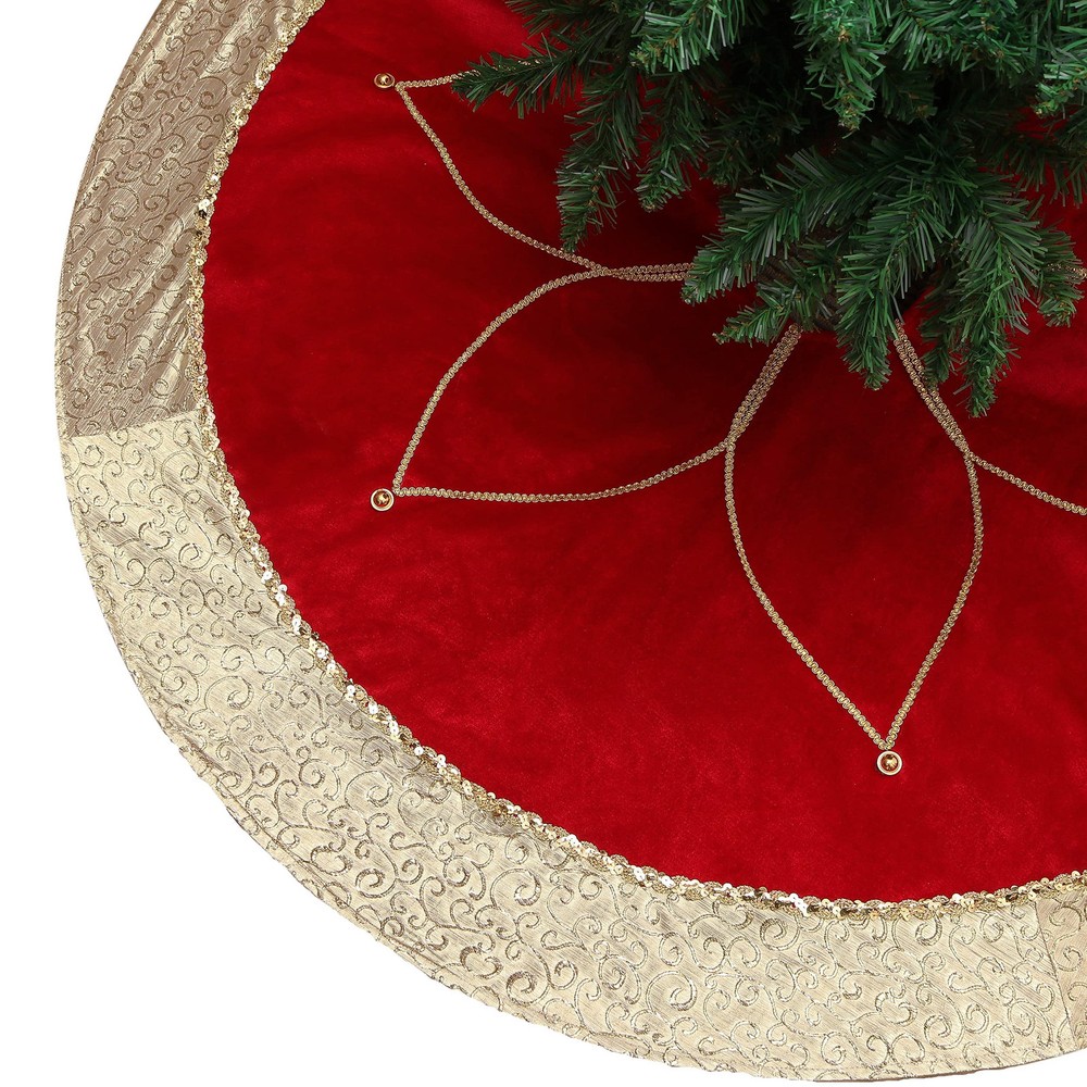 Christmas Tree Skirt for Tree Decorations, 48 Inch Fabric Luxury Red Gold Lar...
