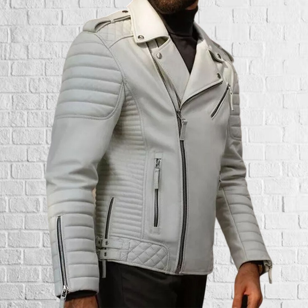 New Mens White Leather Jacket Slim fit Biker Motorcycle Genuine lambskin jacket
