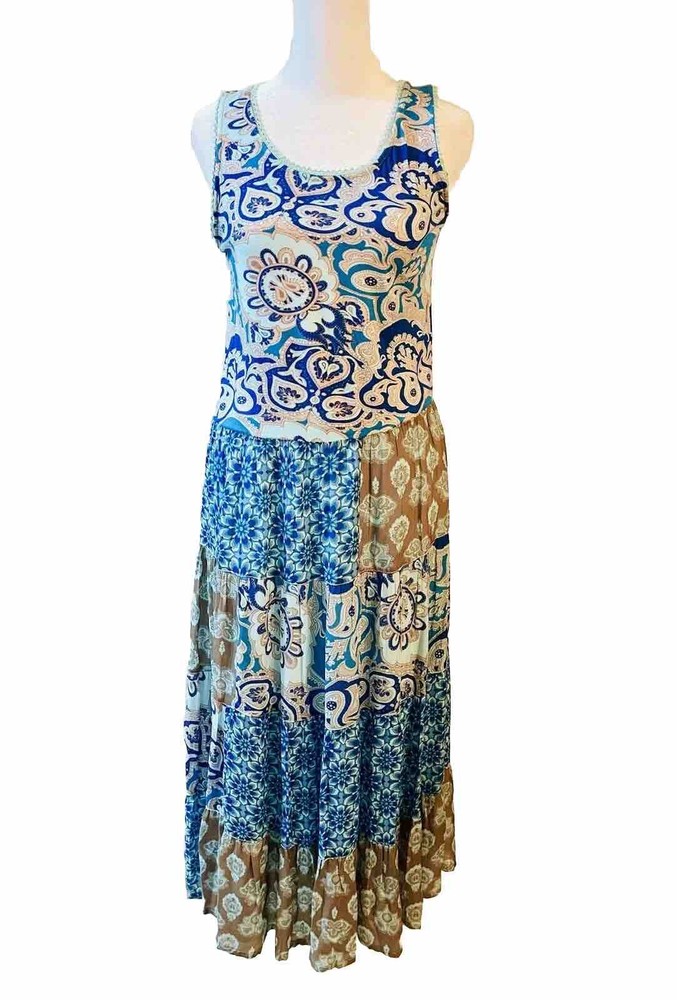 Soft Surrounding Dress Patch Work Layering Bohemian peasant Blue Casual Woven XS