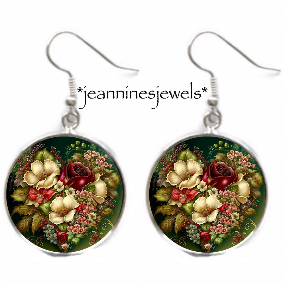 Victorian Flower Heart Earrings Valentines Day Gift Silver Charm Dangle EARRINGS