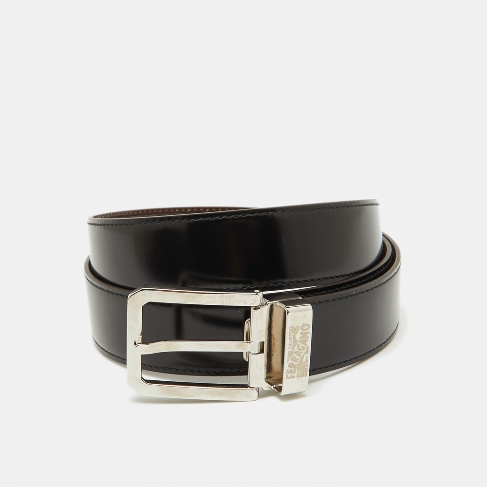 Salvatore Ferragamo Adjustable Black Dark Brown Leather Buckle Belt