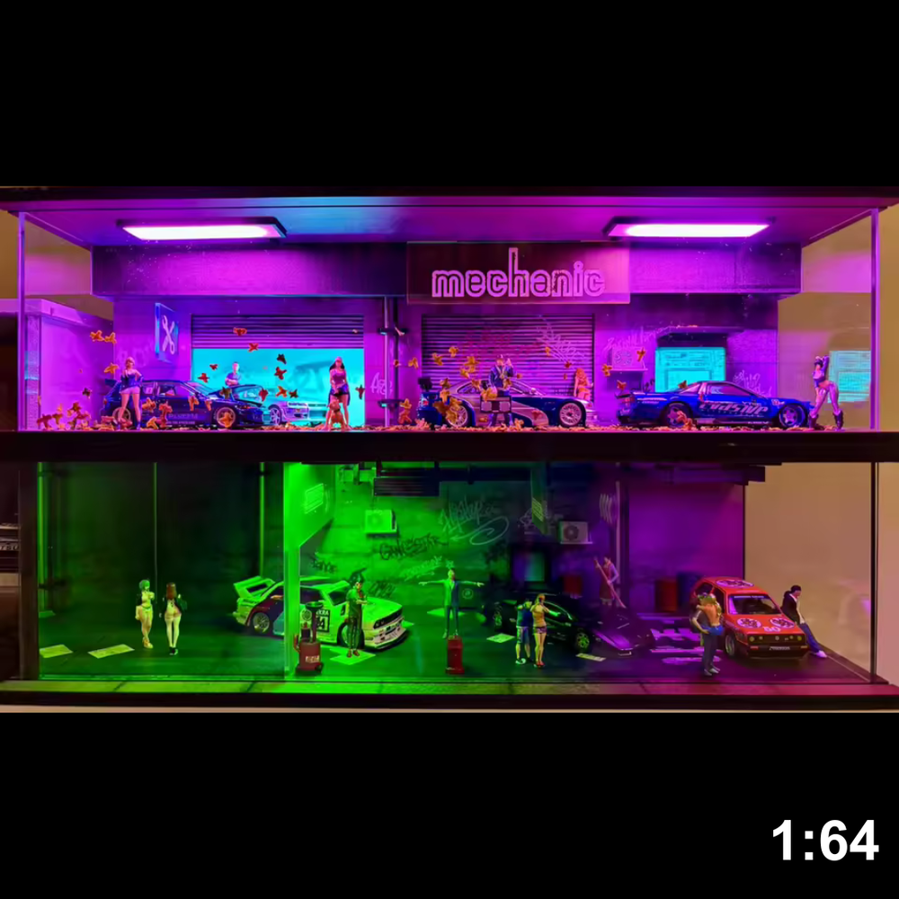 1:64 Scale Car Garage Diorama LED Parking Lot City DIY Display Model Set