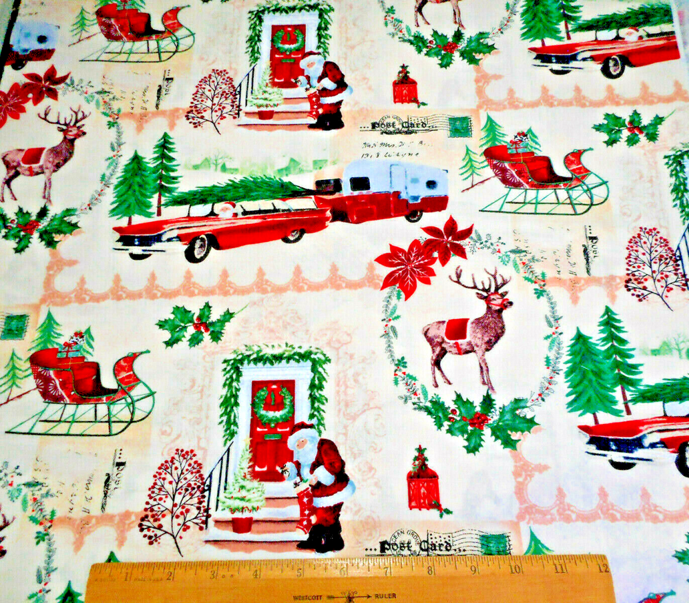 Christmas Fabric 1.5 Yard Santa Reindeer Floral Cotton for Camping Trailer #21 #C