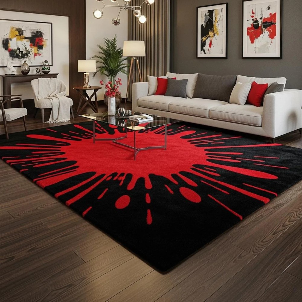 Modern Abstract Red and Black Splash Area Rug | Contemporary Living Room Carpet