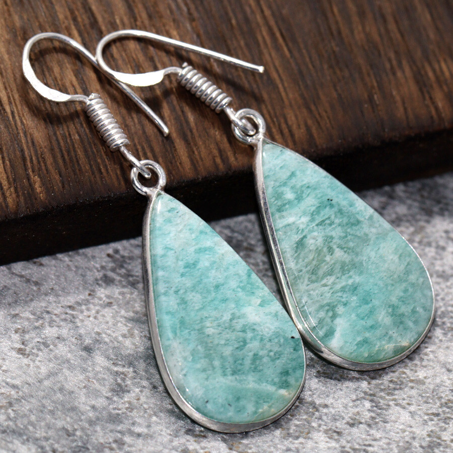 925 Silver Plated Amazonite Ethnic Handmade Earrings 1.7 Inches JW