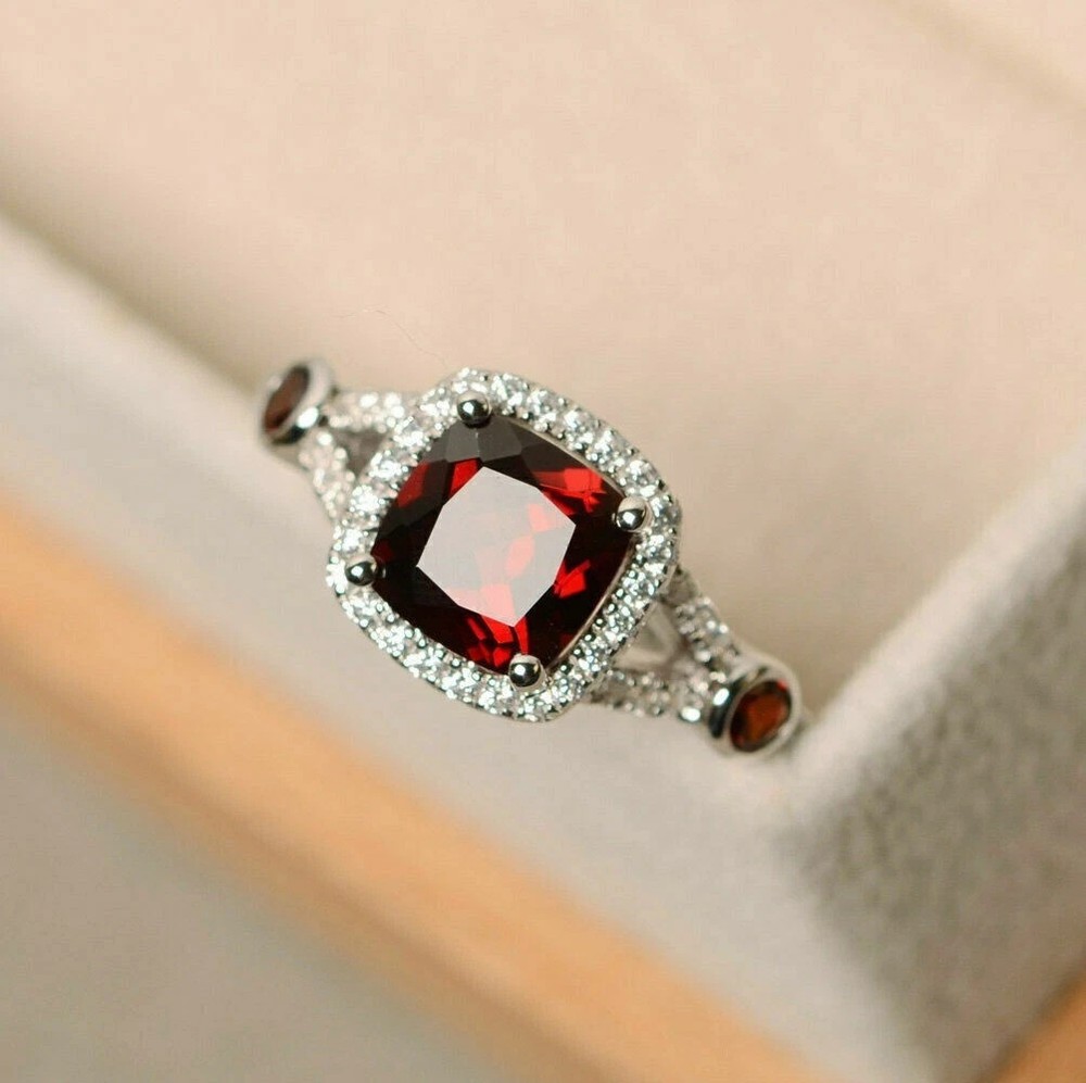 2.45 Ct Cushion Cut Red Garnet Wedding Diamond Ring 14K Solid White Gold