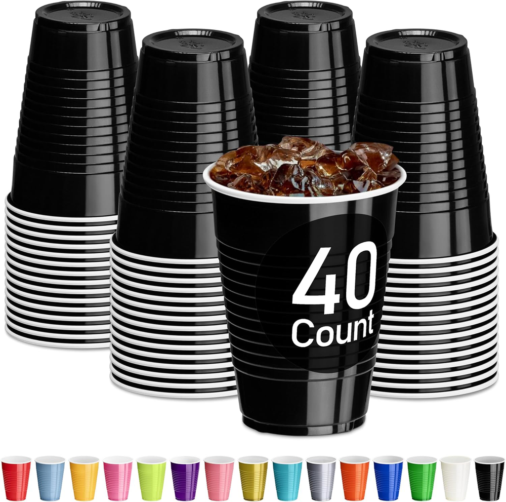 Black Plastic Cups 12 oz Disposable Reusable Party Supplies 40 Count
