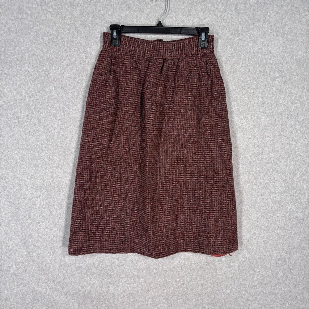 Vintage Tweed Pleated Skirt Small Burgundy Pockets Secretary Academia Wool??