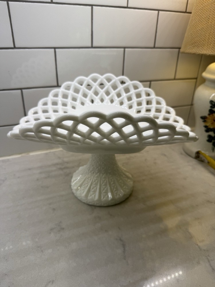 Fenton White Milk Glass Vintage Lace Banana Boat Cake Plate Compote Stand