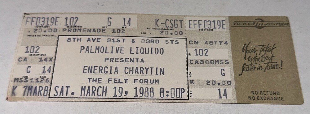 3/19/88 Energia Charytin Latin Music Dance Concert Ticket Stub Felt Forum NYC
