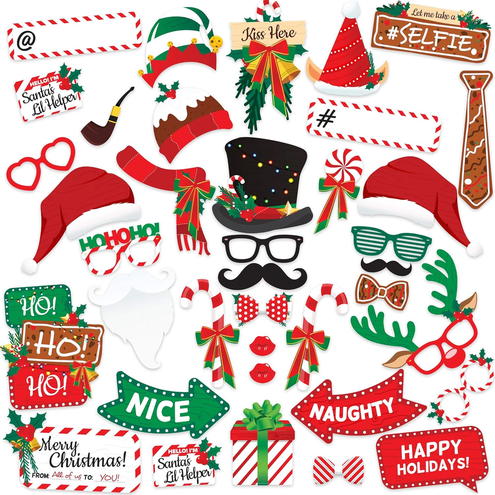 Christmas Photo Booth Props 38Pc Set - Christmas Party Decorations, Christmas Ga