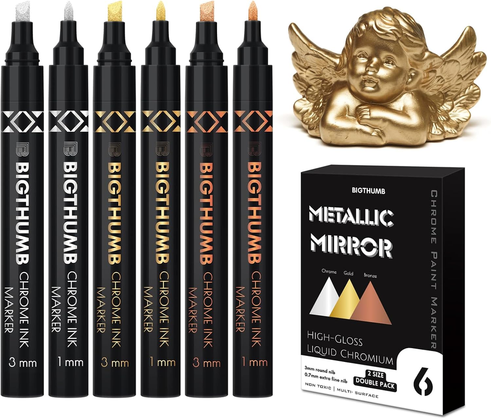 6Pcs Liquid Chrome Paint Markers, Dual Tips Gloss Mirror Marker, Oil-Based Perma