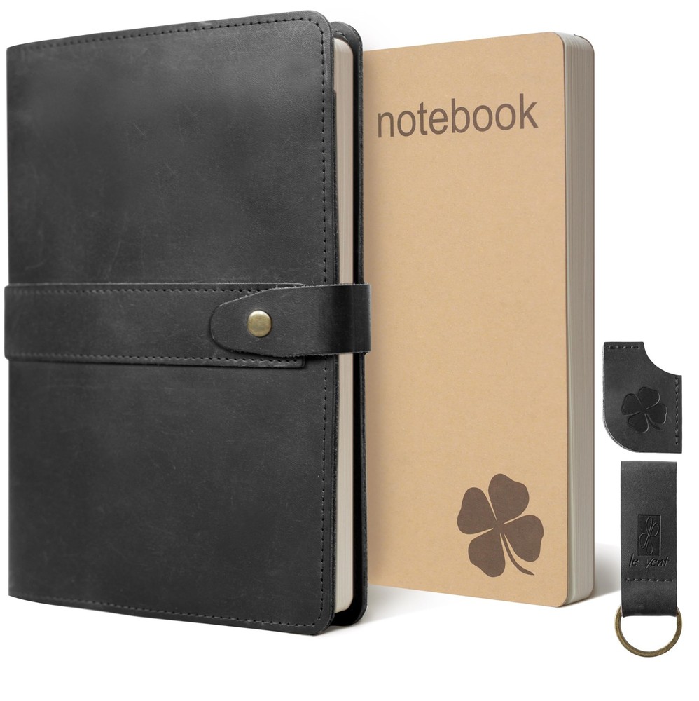 Refillable Black Leather Journal with Genuine Cover and 2 Lined Notebooks