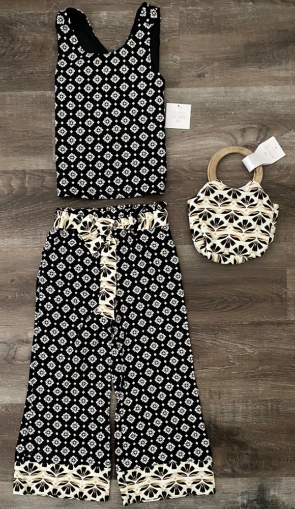 SIGRID OLSEN KIDS~NEW~Black Floral Shirt & Pants Set + Purse~Girl's Sz S~5-6~