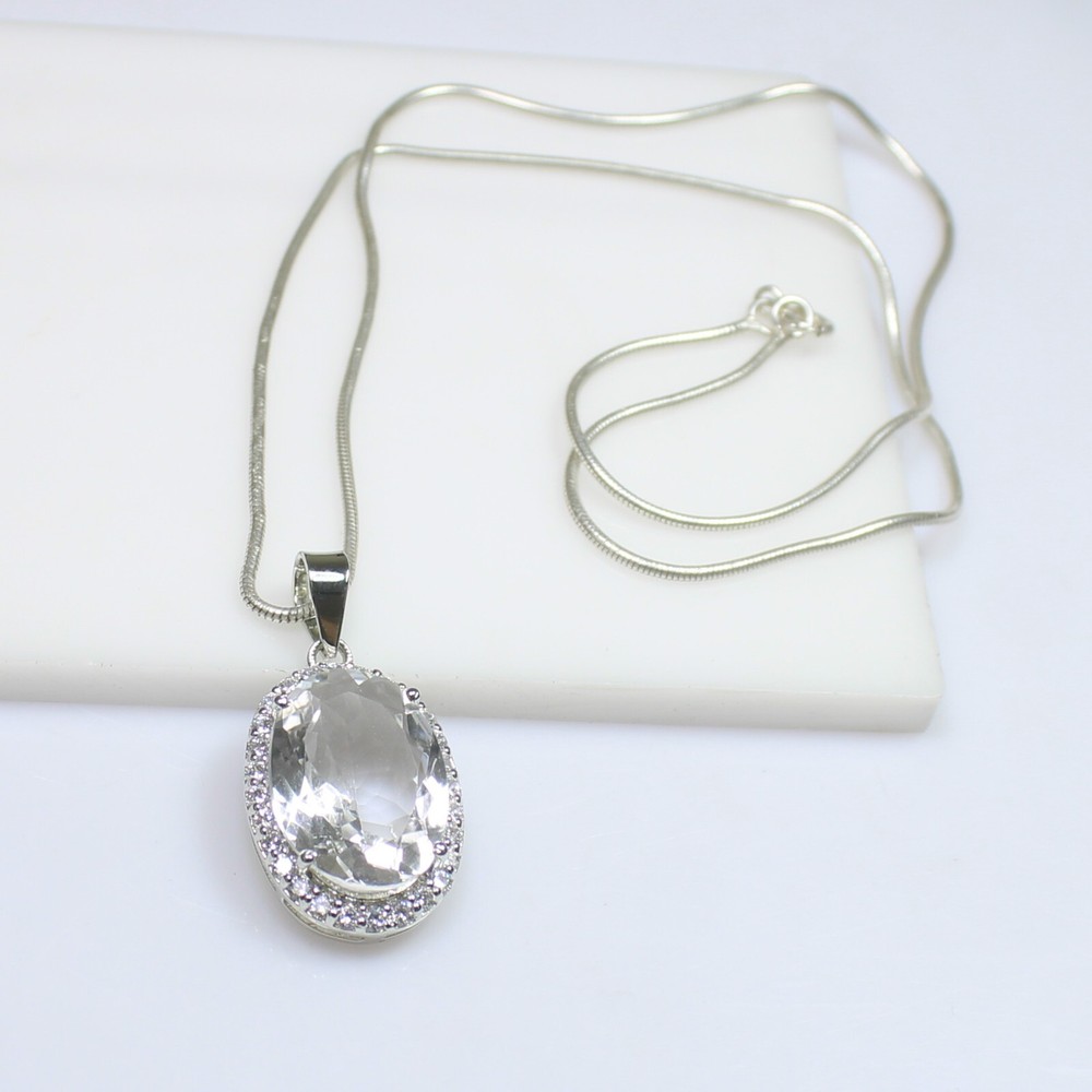 Natural White Crystal Pendant in Sterling Silver with Snake Chain