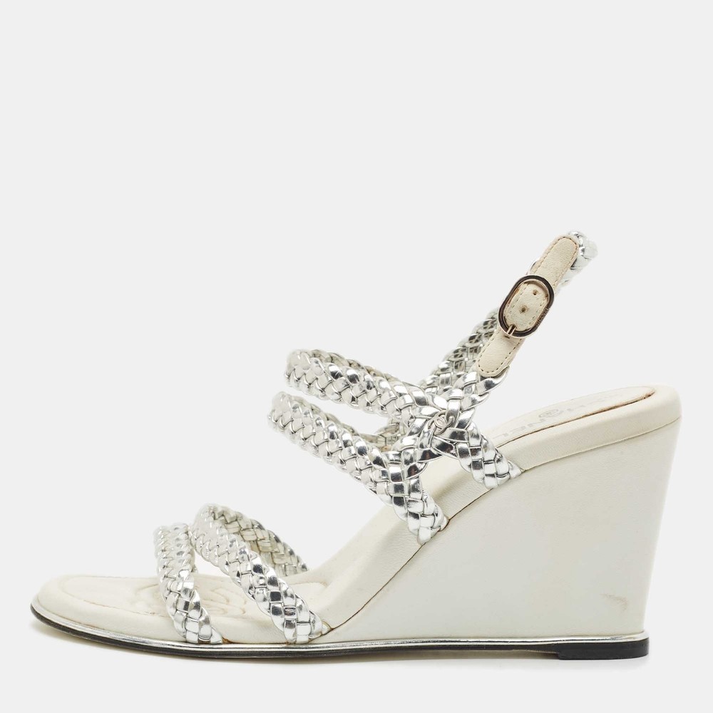 Chanel Silver Woven Leather Ankle Strap Wedge Sandals EU 36.5