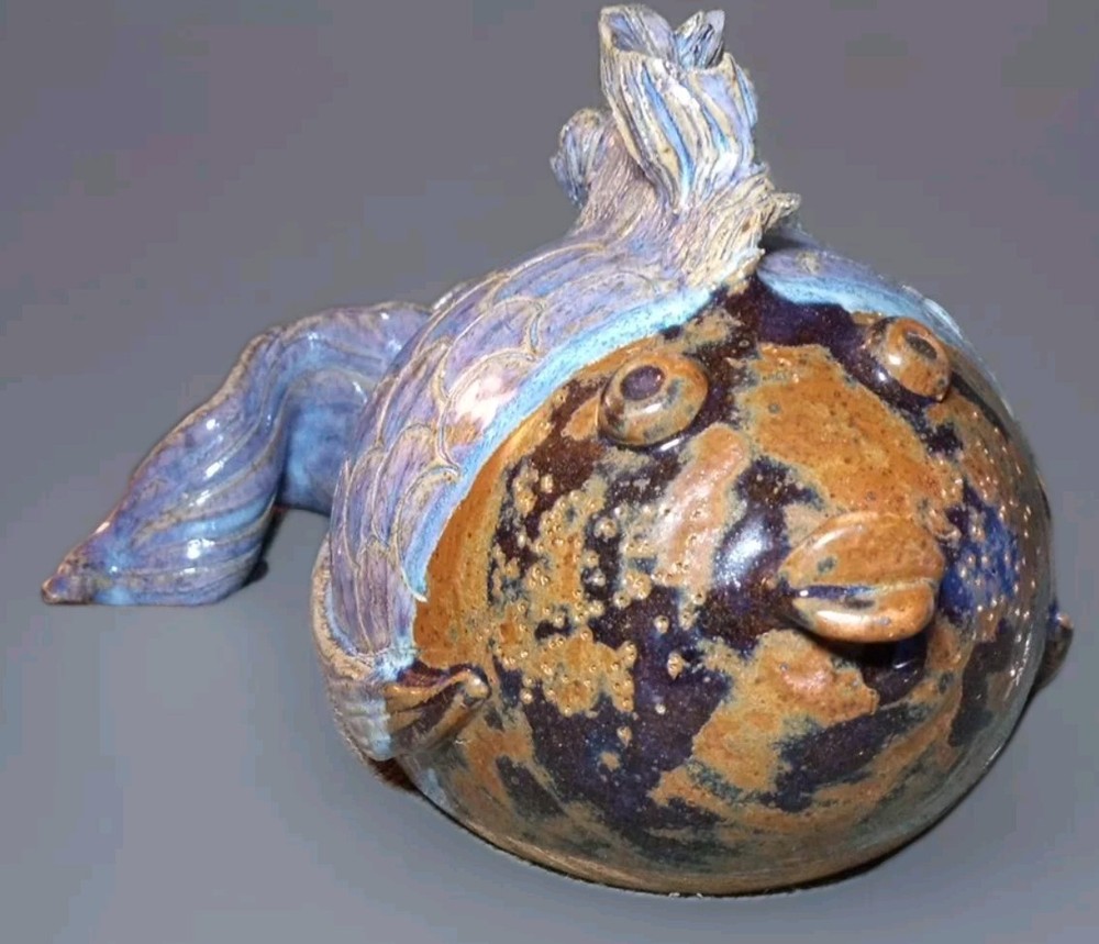 Guy De Pelteau Quebec Signed 1970s Hand Glazed Ceramic Fish Folk Art Rare USA