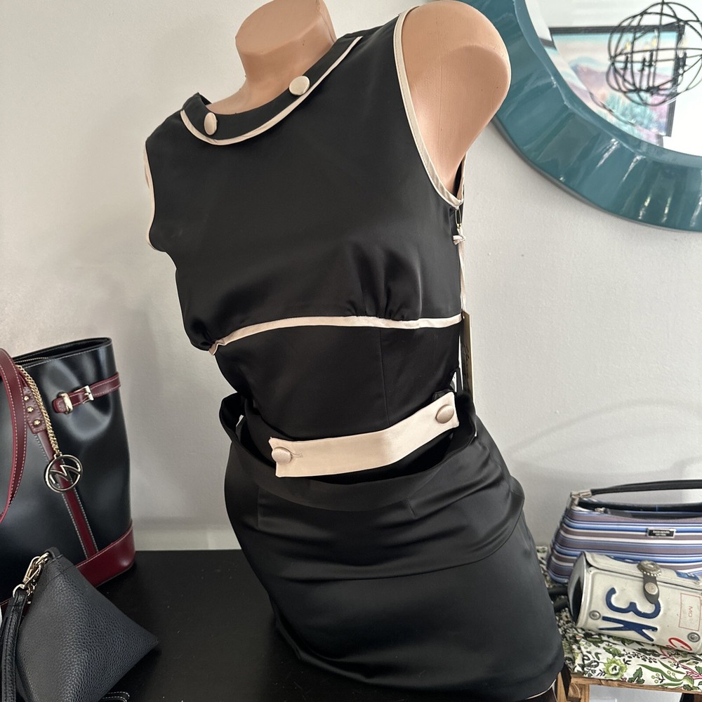 Vintage Bebe Black Silk Dress Stripe / Button Front Shirt Dress Fancy Classy Hot