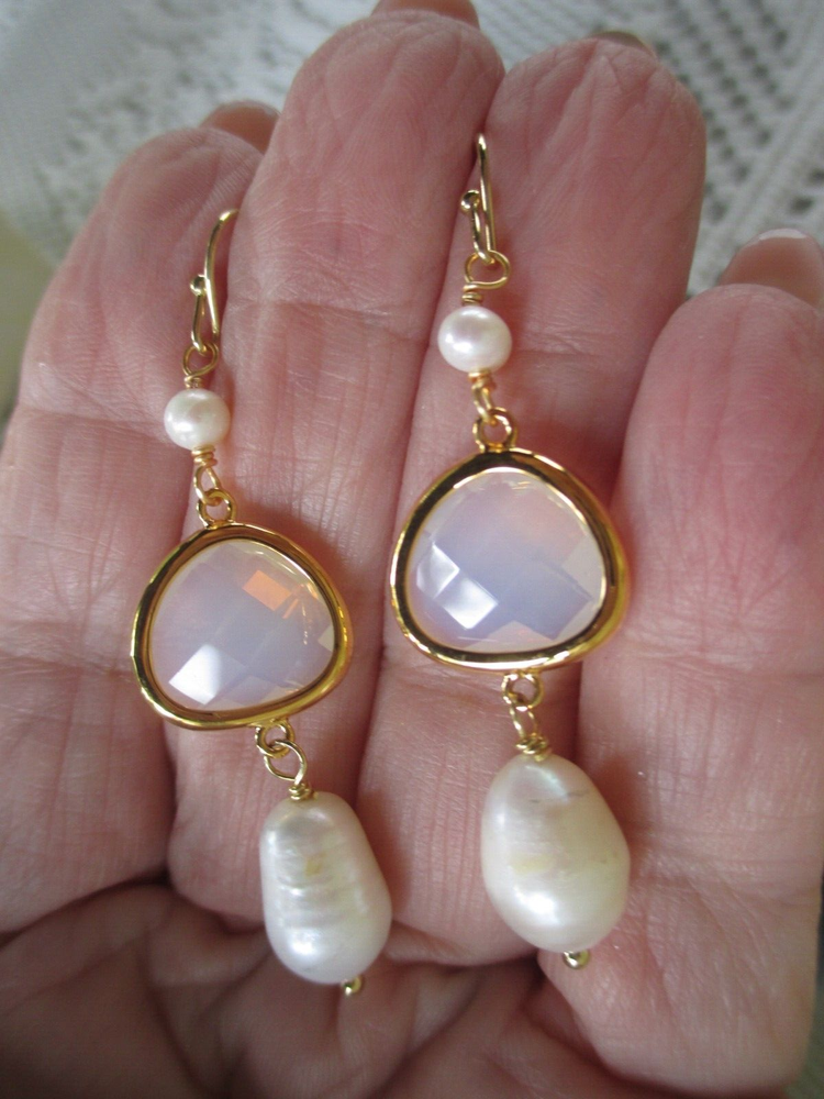 BAROQUE FRESH WATER 8 MM PEARL FACETED OPALITE PIERCED EARRINGS MINTY