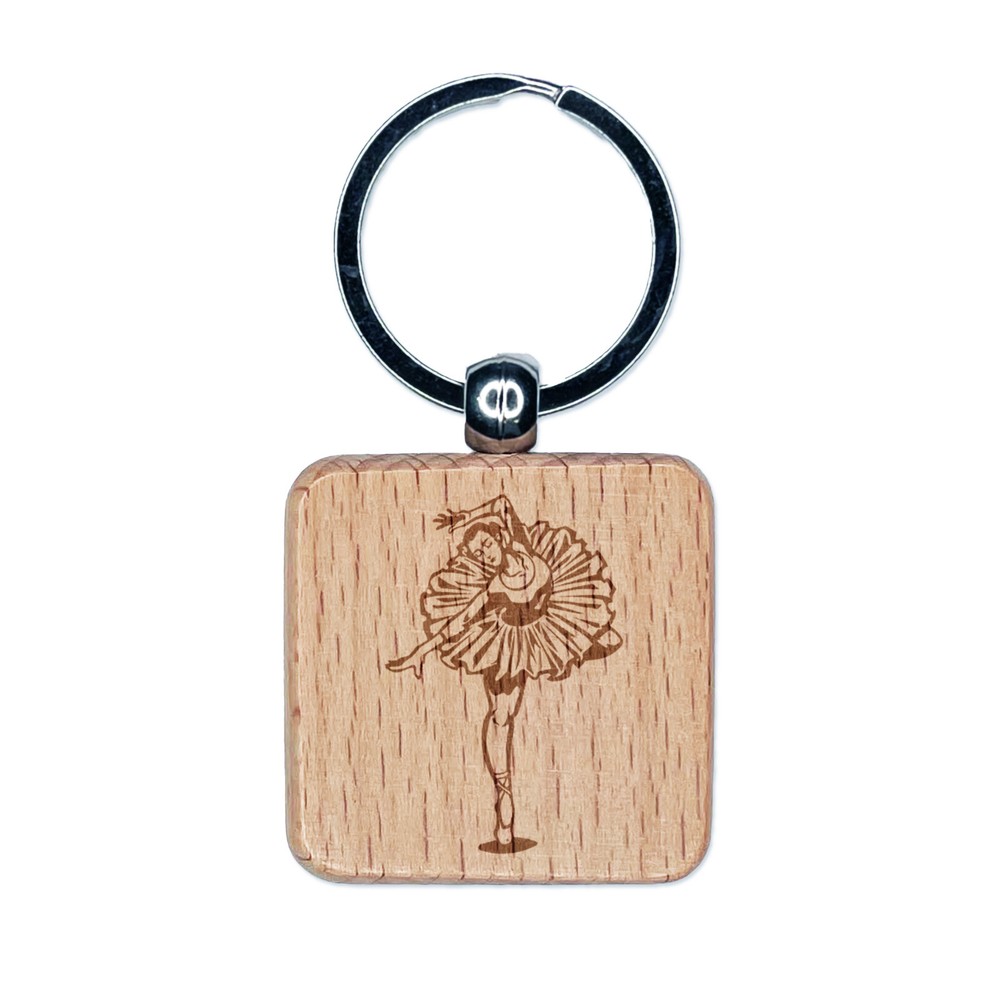 Ballerina En Pointe Pose Engraved Wood Square Keychain Tag Charm
